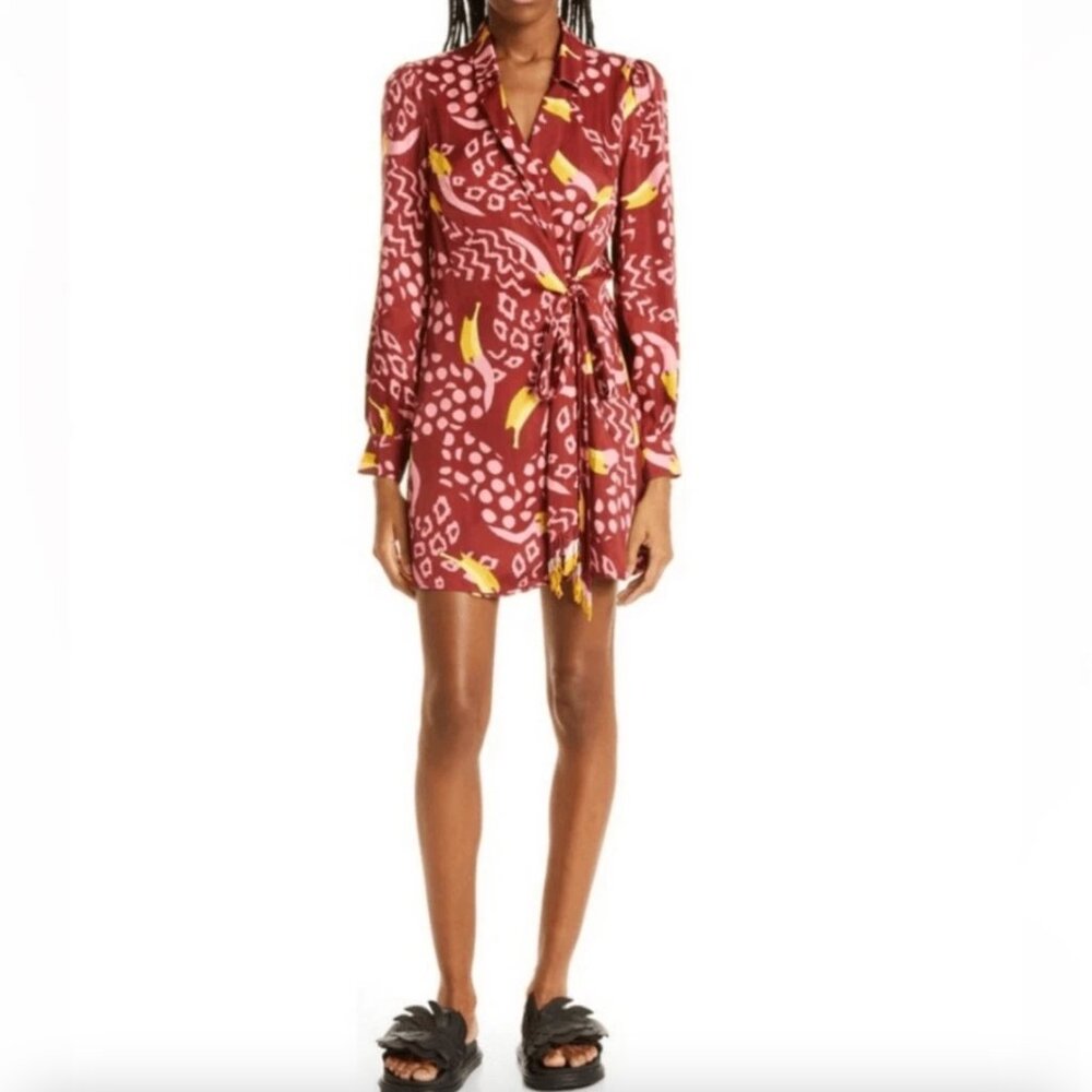 NWOT Farm Rio Sz XS Toucanissimo Long Sleeve Novelty Print‎ Wrap Dress Burgundy